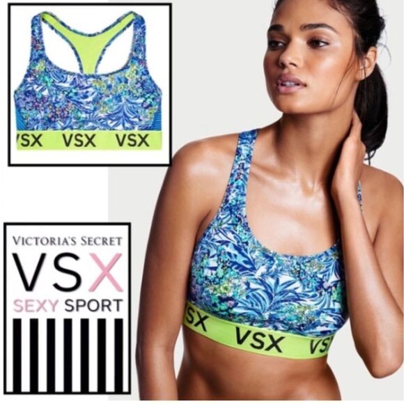 VSX Sports Bra Sz L Victorias Secret Racerback Workout Blue/lime Green - Picture 1 of 12